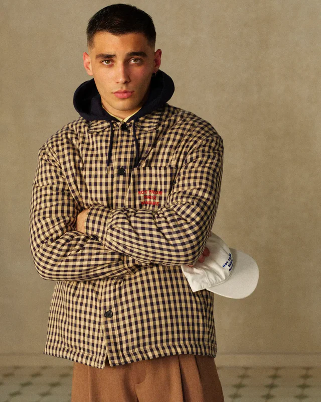 Drôle de Monsieur Check Slogan Oversized Jacket - Beige - Image 4