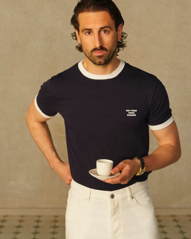 Drôle de Monsieur Contrasted Slogan Tee - Navy - Image 3