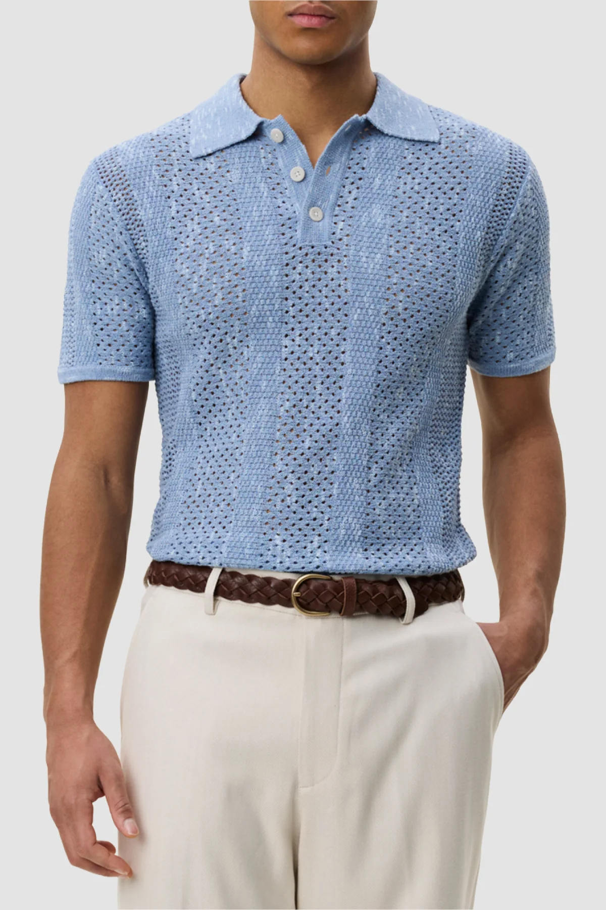 Les Deux Striped Lace Knitted Polo - Faded Denim Blue