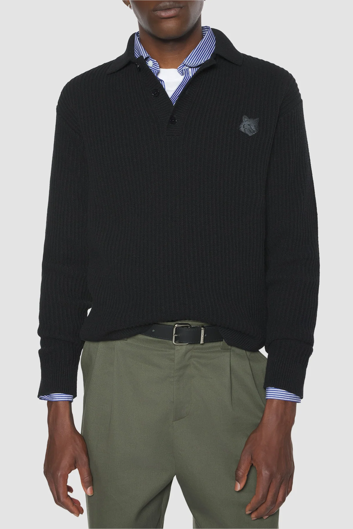 Maison Kitsuné Fox Head L/S Polo Sweater - Black