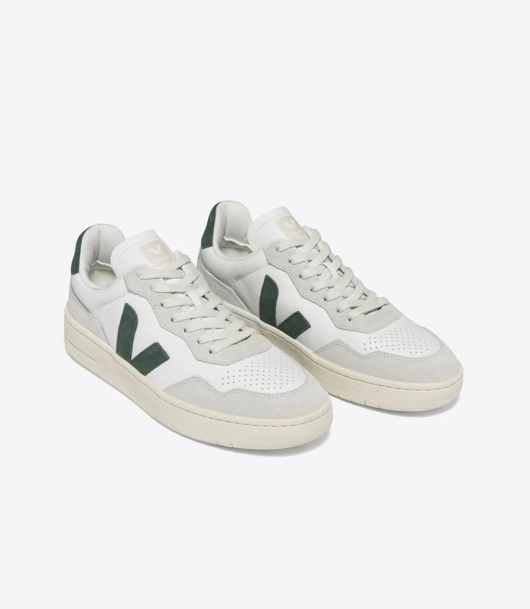 Veja Mens V-90 O.T. Leather Sneakers - White/Cyprus - Image 2