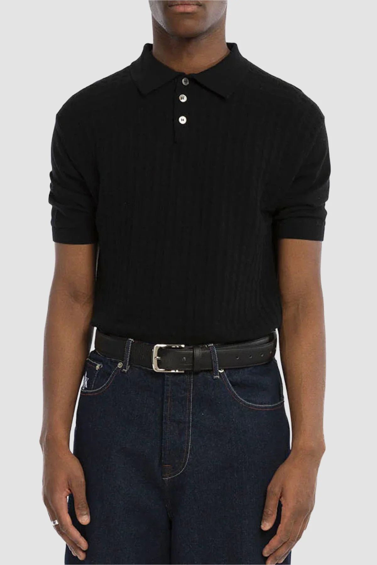 Walk in Paris Twisted Cable Knit Polo - Black